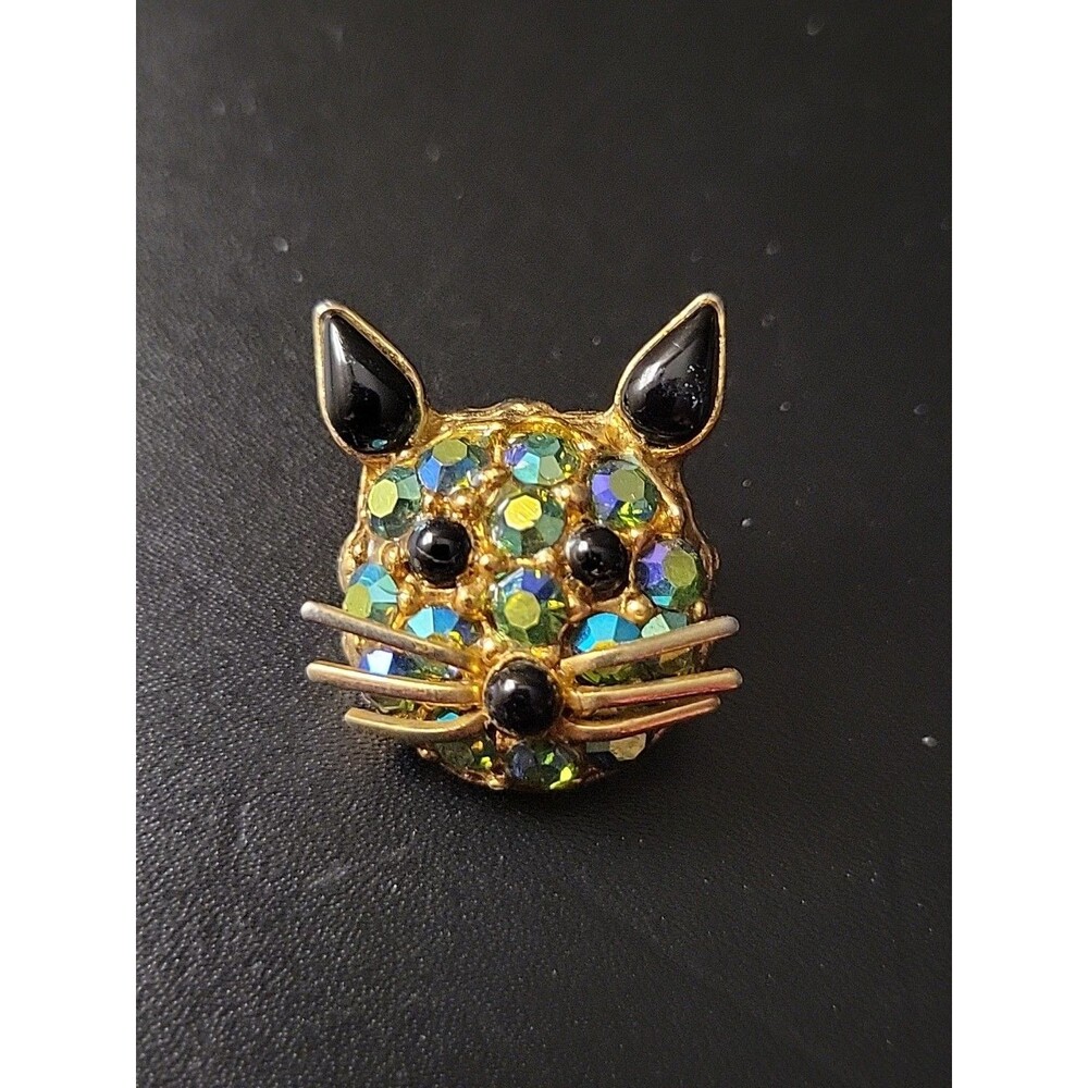 Vtg AB Rhinestone Cat Brooch Pin Kitten Goldtone Blue Green Black CUTE!